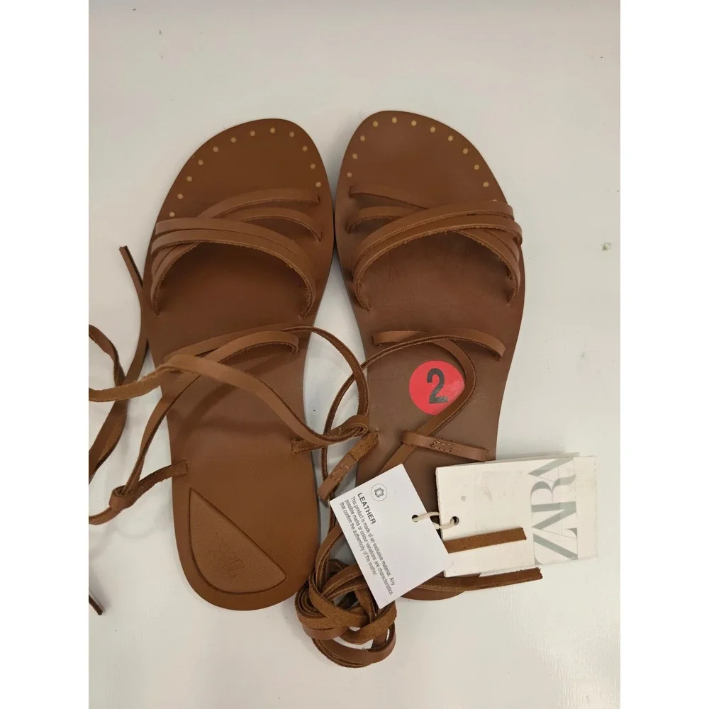 Zara Kids Tan Brown Leather Gladiator Lace Up Sandals Gold Studs 2618/330/700
